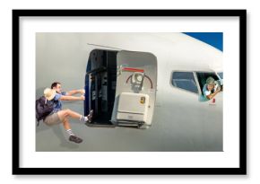 Hiker with backpack holding open door of flying plane