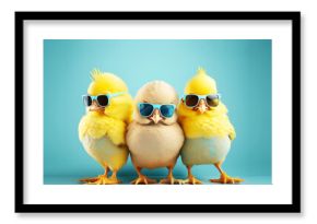 three yellow chicks with blue sunglasses bang, studio blue background. easter concept, generative ai