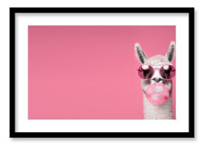 Cute lama alpaca with bubblegum in trendy pink sunglasses, isolated on pink background with copyspace. Generative AI