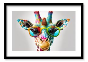 Cartoon colorful giraffe with sunglasses on white background. Created with generative AI