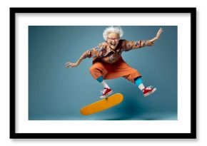 Acrobatic cute happy and smiling granny jumping with the skateboard - Ai generative