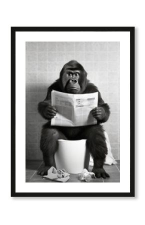 Gorilla sit on the toilet, monkey sitting on the potty, restroom humor, black and white