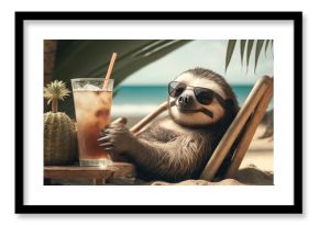 sloth is on summer vacation at seaside resort and relaxing on summer beach Generative AI