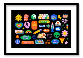 Colorful vintage label shape set. Collection of trendy retro sticker cartoon shapes. Funny comic character art and quote sign patch bundle.