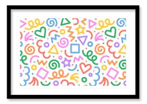 Fun colorful line doodle seamless pattern. Creative minimalist style art background for children or trendy design with basic shapes. Simple party confetti texture, childish scribble shape backdrop. 
