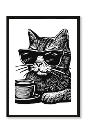 cool cat with a coffee cup sketch