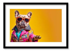 Cool looking French bulldog dog wearing funky fashion dress - jacket, tie, glasses. Wide banner with space for text right side. Stylish animal posing as supermodel. Generative AI