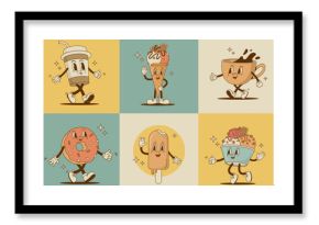 Set of retro cartoon funny food and drink characters. Coffee cup, cappuccino, latte, ice cream, donut mascot. Vintage dessert for cafeteria vector illustration. Nostalgia