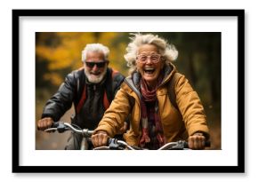 Cheerful active senior couple with bicycle in public park together having fun lifestyle. Perfect activities for elderly people. Happy mature couple riding bikes, bicycles in park. Generative AI