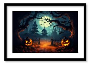 Halloween pumpkin head jack lantern with burning candles, Spooky Forest with a full moon and wooden table, Pumpkins In Graveyard In The Spooky Night - Halloween Backdrop. Ai Generative