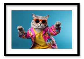 Cat wearing colorful clothes and sunglasses dancing on the green background