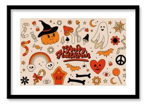 Retro 70s 60s Hippie Groovy Halloween set. Funny spooky ghost pumpkin flower hippy emotional elements print collection. Vector contour hand drawn illustration.