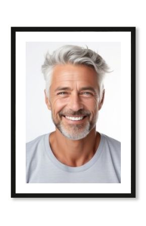 a closeup photo portrait of a handsome old mature man smiling with clean teeth. for a dental ad. guy with fresh stylish hair and beard with strong jawline. isolated on white background. Generative AI