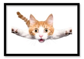 Portrait of a funny surprised cat, closeup. Cute cat in jump, isolated on transparent background, png 
