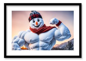 funny muscle snowman bodybuilder with red scarf posing mountains and trees at sunset behind, generative AI