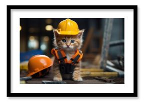 A kitten dressed as a builder at a construction site with safety helmet