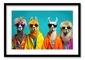 Cute funny llama group as yoga retreat in colorful clothes