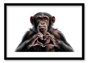 Happy laughing funny monkey portrait making heart hands. Chimpanzee with Hand fingers making heart shape, isolated on white background, Generative Ai