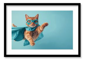 superhero cat, Cute orange tabby kitty with a blue cloak and mask jumping and flying on light blue background with copy space. The concept of a superhero, super cat, leader, funny animal studio shot.