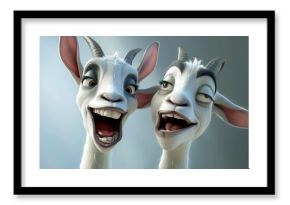 3d cartoon close view of laughing funny happy goats