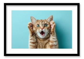 Surprised shocked cat face with paws on head on blue background with copy space.  AI Generative