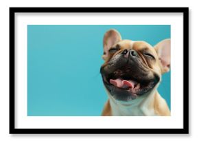 Cute funny dog on a blue background isolated with a place for text. Concept pets love, animal life, humor, raising dogs. Dog close up on color background.