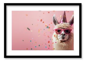 Funny pink llama alpaca in sunglasses and birthday cap with confetti flying all around on pastel pink background. Birthday card concept.