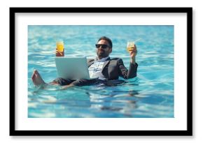 Summer vacations and freedom travel concept Portrait of funny business man on the beach Businessman in suit floating with laptop and cocktail in pool Crazy business man dreams on summe : Generative AI