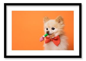 funny litllte dog at orange background