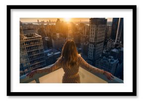 Rich woman enjoy the sunset standing on the balcony at luxury apartments in New York City. Luxury life concept. Succesful B.businesswoman relax.