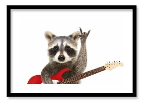 Portrait of a funny raccoon with electric guitar, showing a rock gesture, isolated on white background