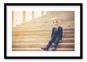 Businessman masked stress on the company stairs.