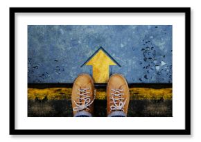 Motivation and Success Concept. Top View of Male with Leather Shoes satnding on the Crossroad to Making Decision to Steps or Stop. Forward Arrow on the Floor as background