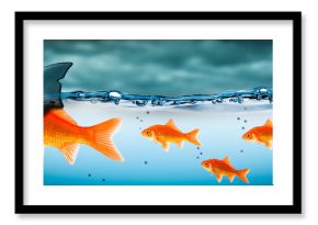 Small Brave Goldfish With Shark Fin Costume Leading Others Through Stormy Seas - Leadership Concept