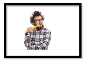 Crazy thoughtful bearded Man in plaid shirt with funny Haircut in eye Glasses holding Big Pencil - ponder and dreaming, isolated on white background.