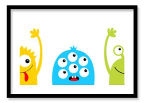Happy Halloween. Monster colorful silhouette head face icon set line. Eyes, tongue, tooth fang, hands up. Cute cartoon kawaii scary funny baby character. White background. Flat design.