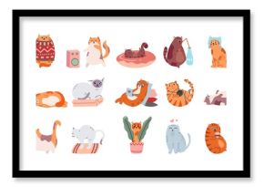 Adorable cats. Cute dancing cat, funny angry kitty and love cat vector illustration set. Domestic animal drinking coffee and playing. Comic fat pet in sweater, doing yoga and lying stickers