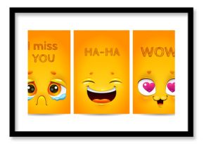 Funny yellow posters with comic cartoon faces and text on them.