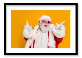 Nightclub invite on christmas party celebration funky crazy santa claus dj in white headset sing song sound melody listen music dance wear stylish x-mas hat suspenders isolated yellow color background