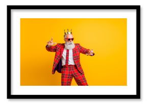 Photo of cool modern look grandpa white beard dancing king hip-hop strange moves wear crown sun specs plaid red blazer tie trousers outfit isolated yellow color background