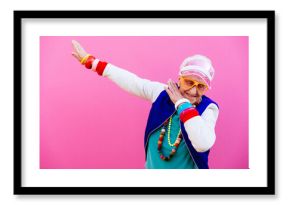 Funny grandmother portraits. 80s style outfit. Dab dance on colored backgrounds. Concept about seniority and old people
