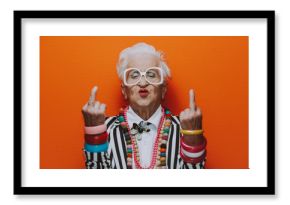 Funny grandmother portraits. Senior old woman dressing elegant for a special event. granny fashion model on colored backgrounds