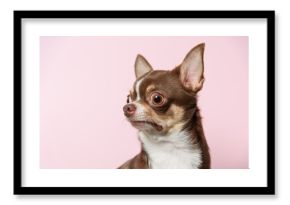 Bad surprised brown mexican chihuahua dog on pink background. Dog looks left. Copy Space