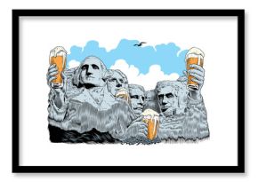 Four presidents drinking beer. Rushmore. Comic style vector illustration.
