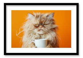 Fluffy Persian Cat Holding A Coffee Mug Against Orange Background. Funny sleepy tired orange cat with tangled fur holding a coffee cup, morning exhaustion, need for caffeine. I hate Mondays concept