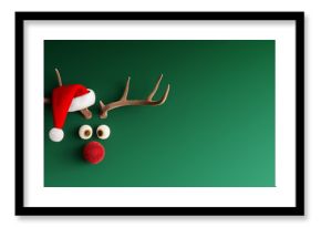 Reindeer with red nose and Santa hat on green Christmas background 3D Rendering, 3D Illustration