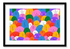 Diverse colorful people crowd seamless pattern illustration. Multi color rainbow cartoon characters in funny children doodle style. Friendly community or kid group background concept.