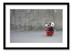 Funny businessman riding shopping cart outdoor