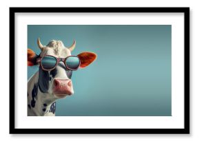 Cow wearing sunglasses in front of a blue background, surreal animal portrait, generative AI