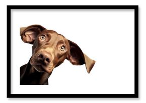 Cute playful doggy or pet is playing and looking happy isolated on transparent background. Brown weimaraner young dog is posing. Cute, happy crazy dog headshot smiling on transparent,  png